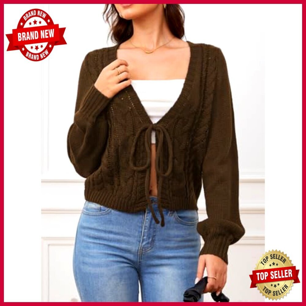 Cropped Tie Front Cardigan Sweater, Lightweight Knit, Long Sleeve, V-Neck - Picture 4 of 7